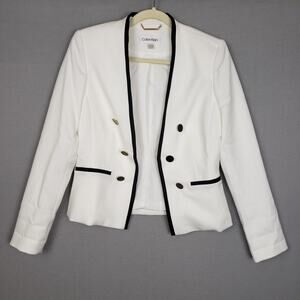 Calvin Klein Women's 6 Petite Black Trim White Blazer Jacket Old Money Aesthetic